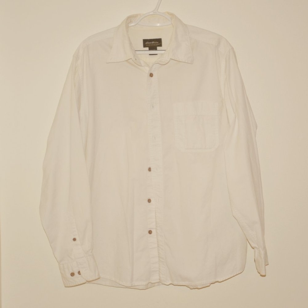 Eddie Bauer. Men's button up dress shirt. White long sleeve. Size Large.